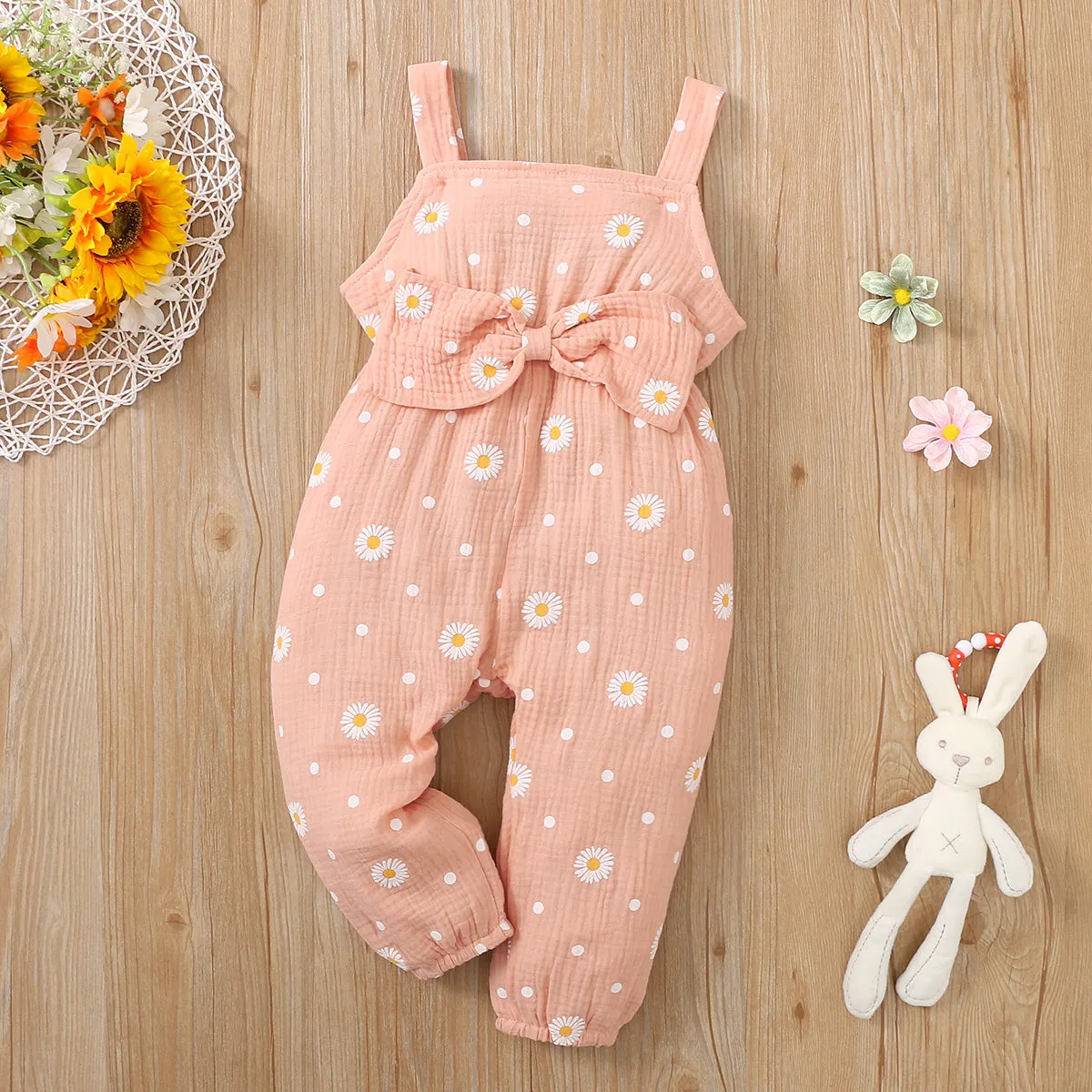 Toddler Girl 100% Cotton Floral Print Bowknot Design Sleeveless Jumpsuit