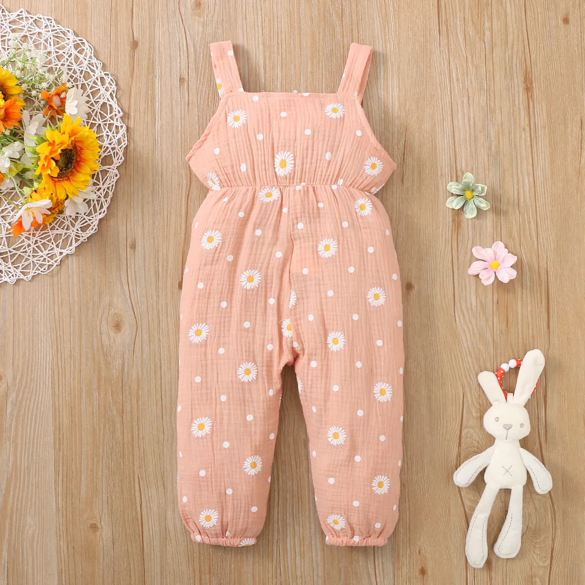 Toddler Girl 100% Cotton Floral Print Bowknot Design Sleeveless Jumpsuit