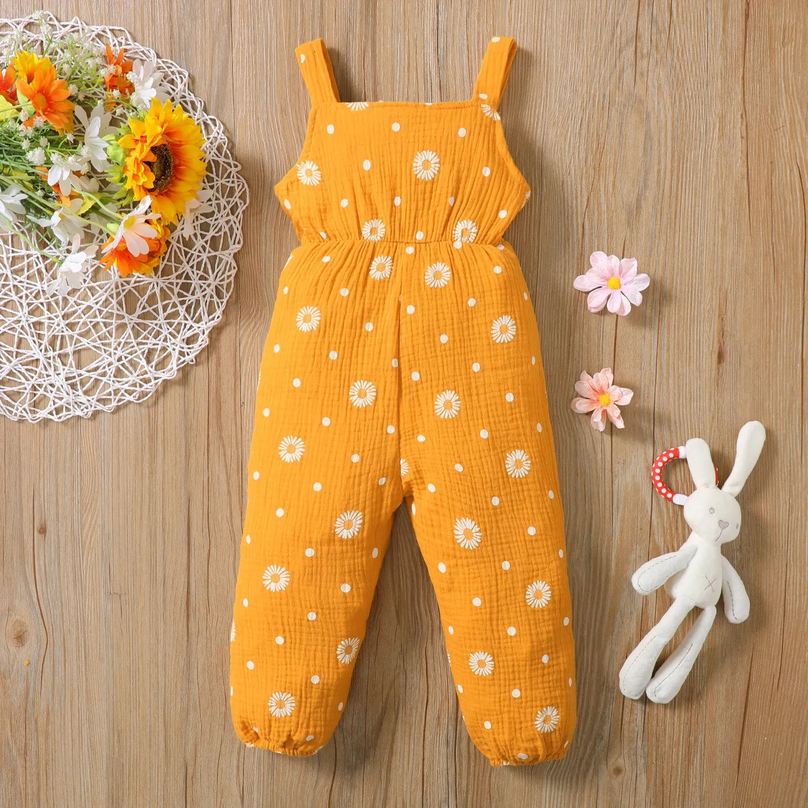 Toddler Girl 100% Cotton Floral Print Bowknot Design Sleeveless Jumpsuit