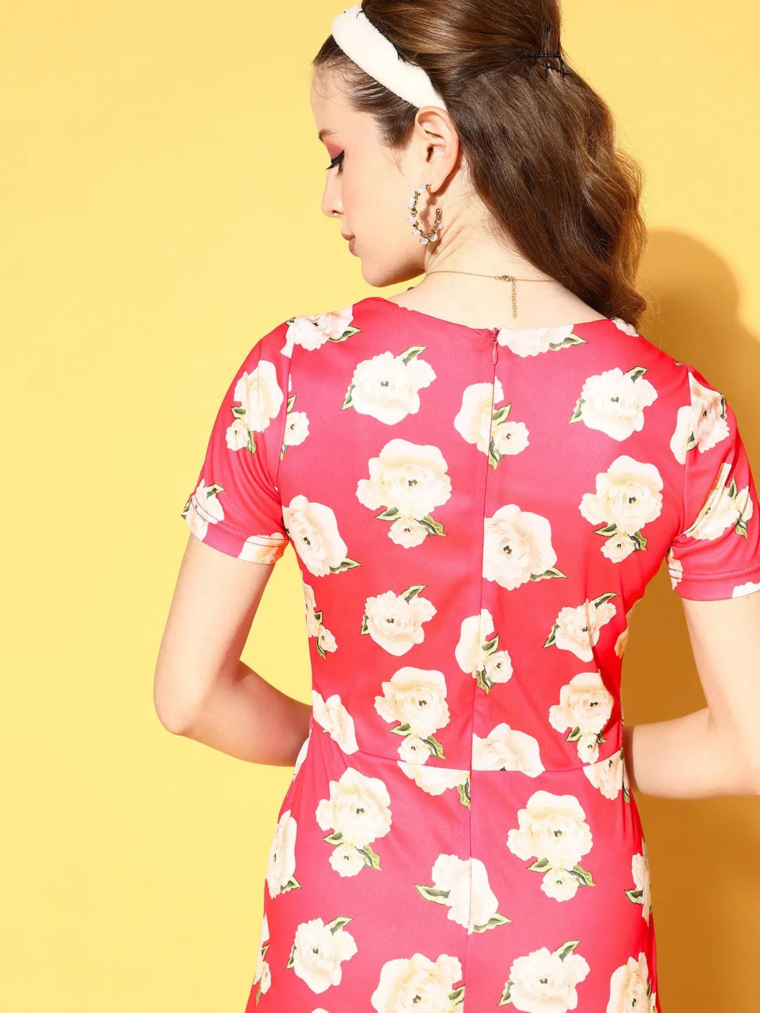 Women Fuchsia Floral Side Ruched Dress