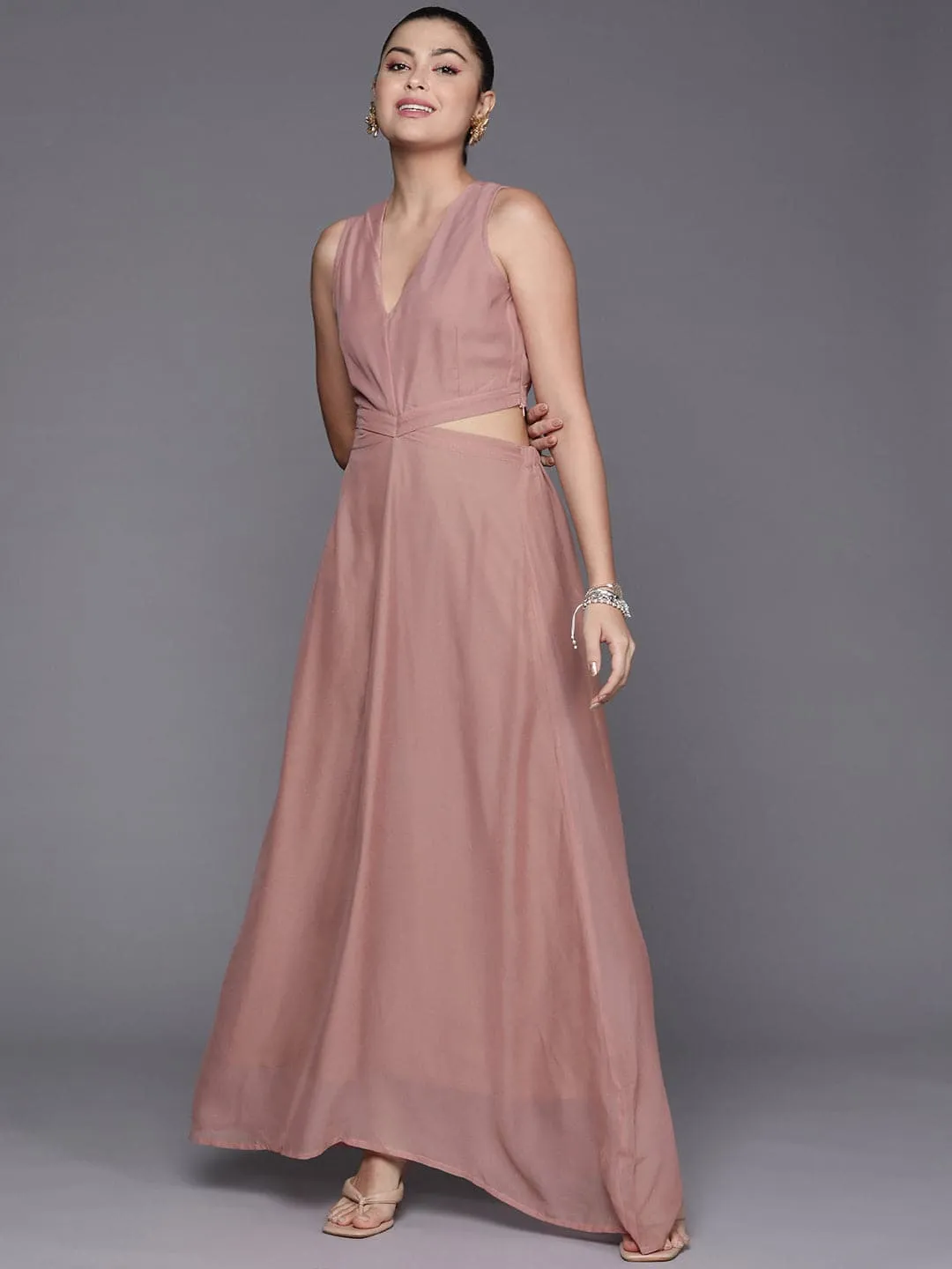 Women Pink Cut-Out Waist V-Neck Maxi Dress