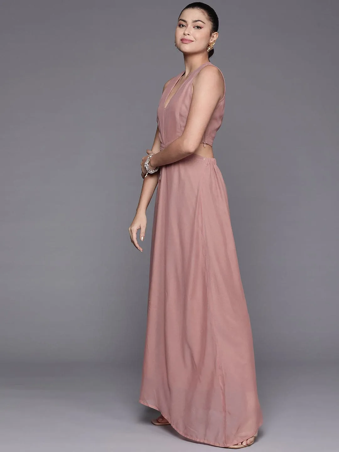 Women Pink Cut-Out Waist V-Neck Maxi Dress