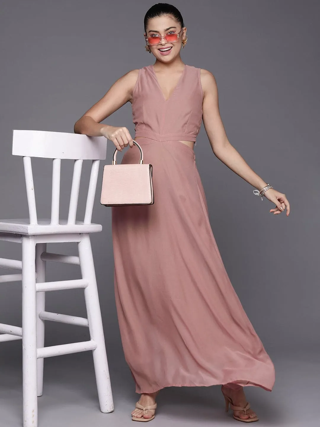 Women Pink Cut-Out Waist V-Neck Maxi Dress