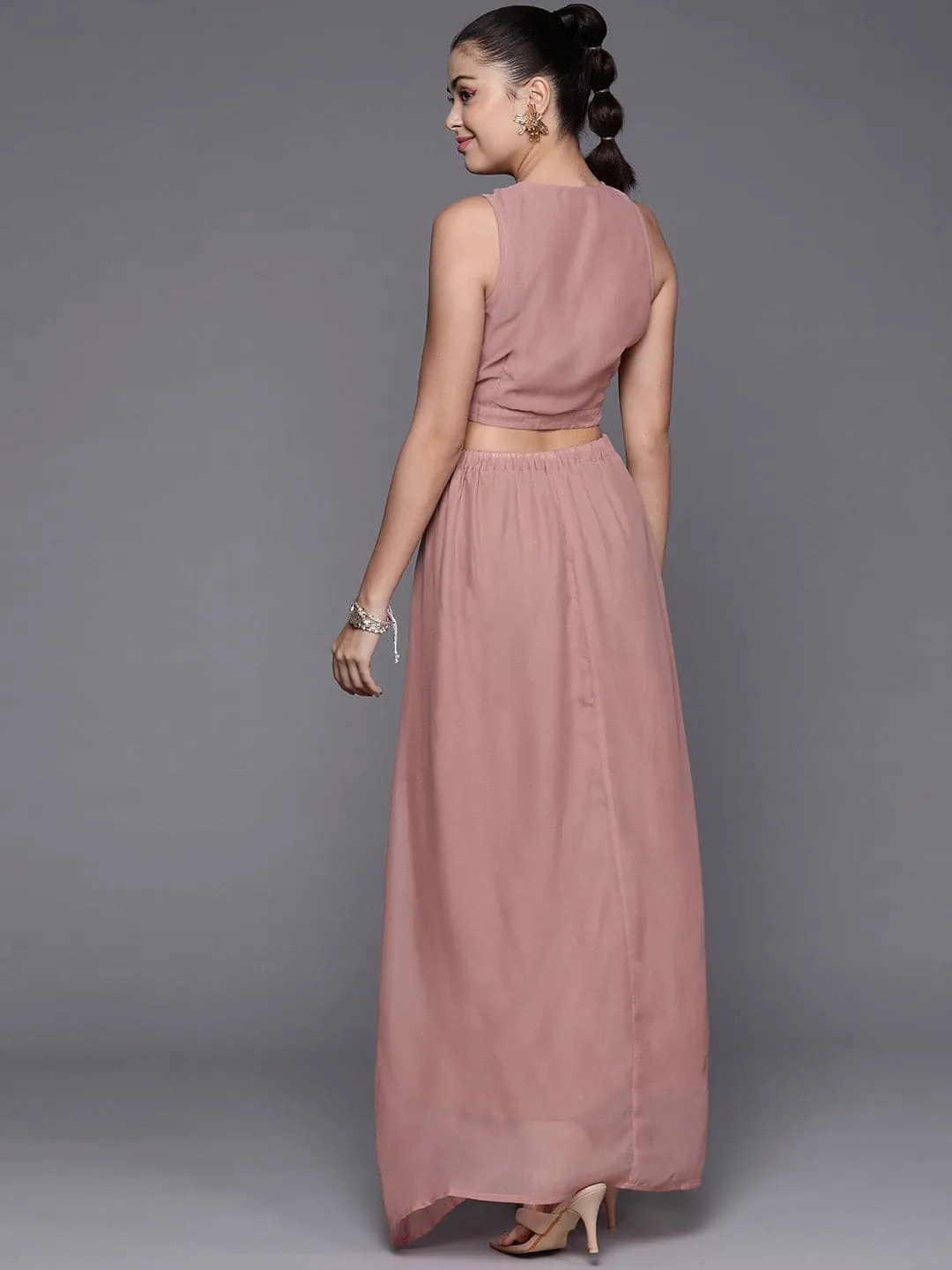 Women Pink Cut-Out Waist V-Neck Maxi Dress