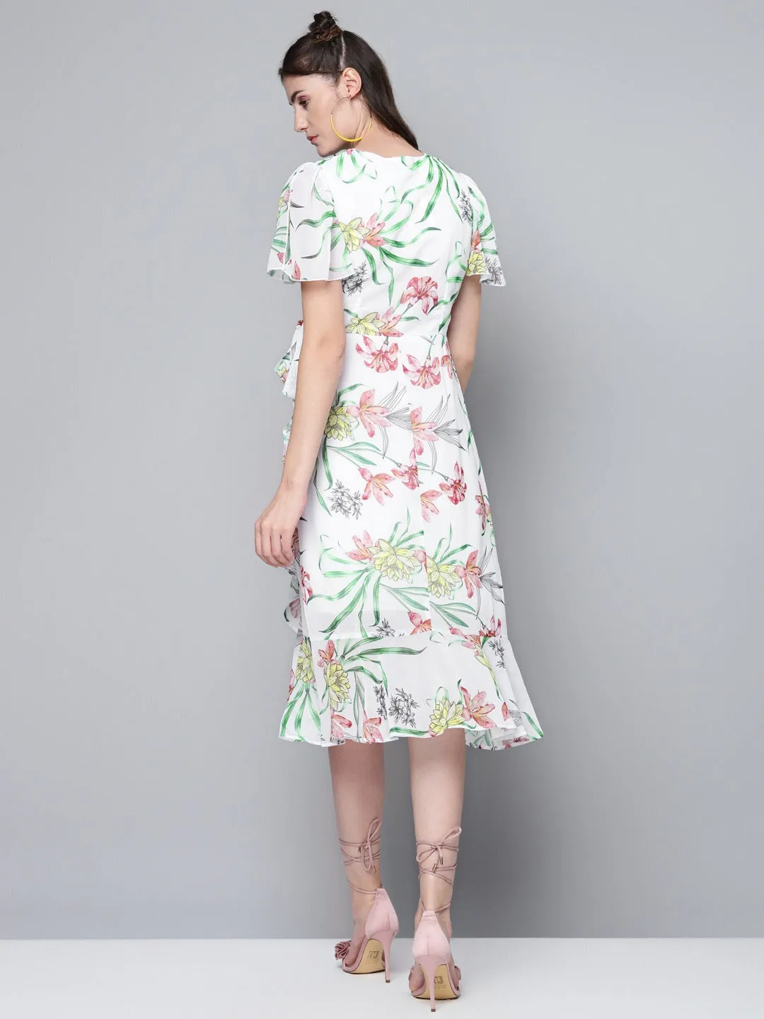Women White Floral Wrap Midi Dress