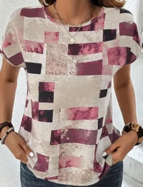 Women's Chic Geometric Aztec Print T-Shirt - Casual Crew Neck, Durable Non-Stretch Fabric, Ideal For Summer Wear